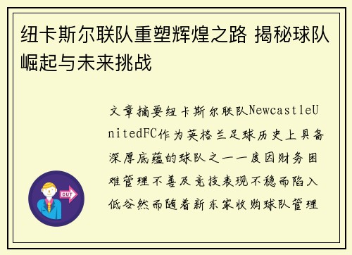 纽卡斯尔联队重塑辉煌之路 揭秘球队崛起与未来挑战