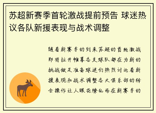 苏超新赛季首轮激战提前预告 球迷热议各队新援表现与战术调整