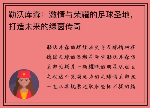 勒沃库森：激情与荣耀的足球圣地，打造未来的绿茵传奇