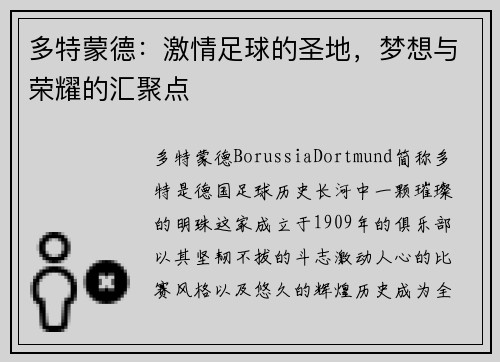 多特蒙德：激情足球的圣地，梦想与荣耀的汇聚点