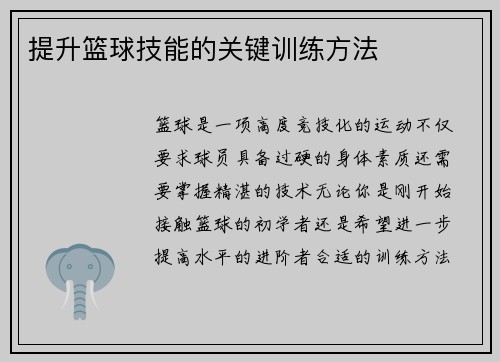 提升篮球技能的关键训练方法