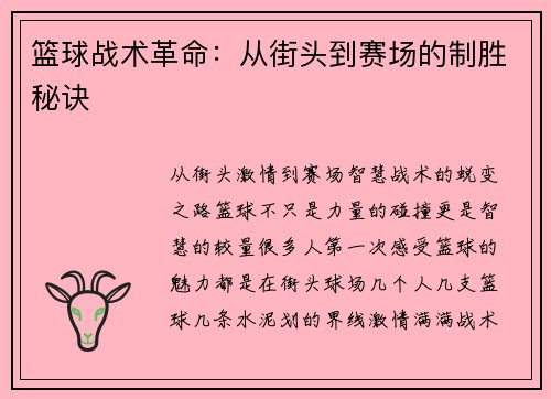 篮球战术革命：从街头到赛场的制胜秘诀