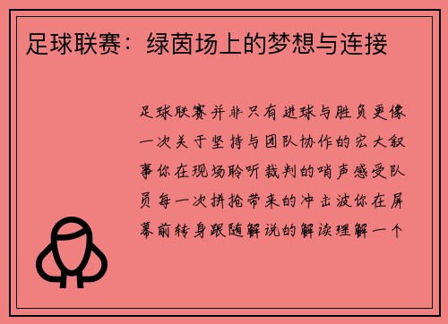 足球联赛：绿茵场上的梦想与连接