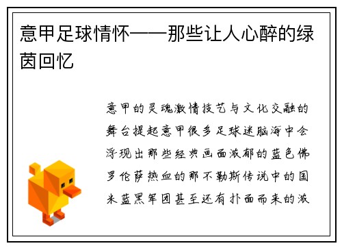 意甲足球情怀——那些让人心醉的绿茵回忆